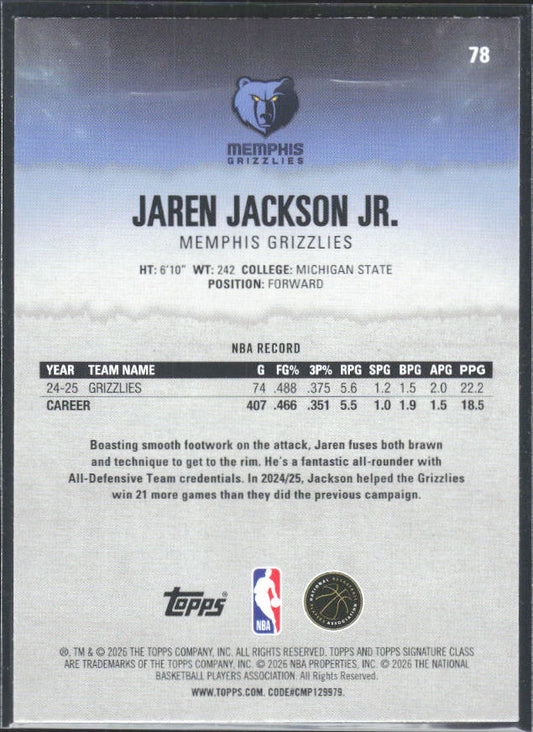 2025-26 Topps Signature Class #78 Jaren Jackson Jr. - baksida