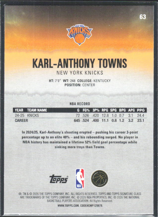 2025-26 Topps Signature Class #63 Karl-Anthony Towns - baksida