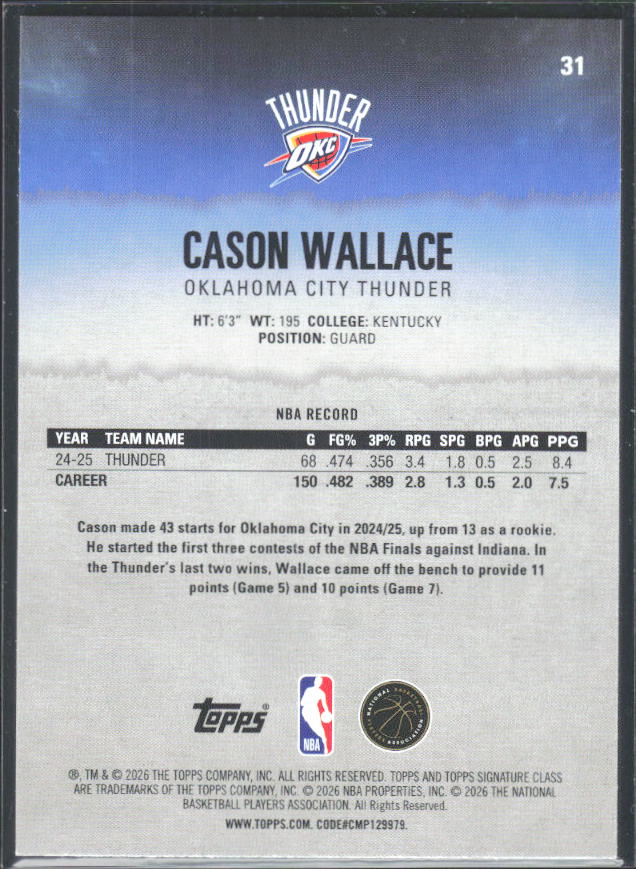 2025-26 Topps Signature Class #31 Cason Wallace - baksida