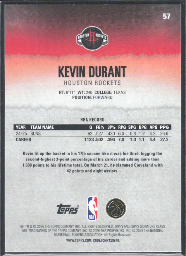 2025-26 Topps Signature Class #57 Kevin Durant - baksida