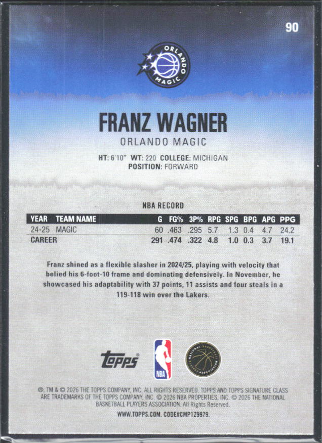 2025-26 Topps Signature Class #90 Franz Wagner - baksida