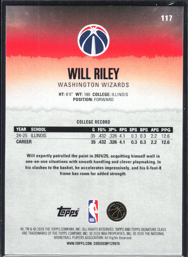 2025-26 Topps Signature Class #117 Will Riley - baksida