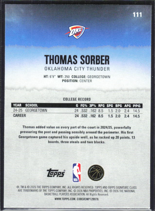 2025-26 Topps Signature Class #111 Thomas Sorber - baksida