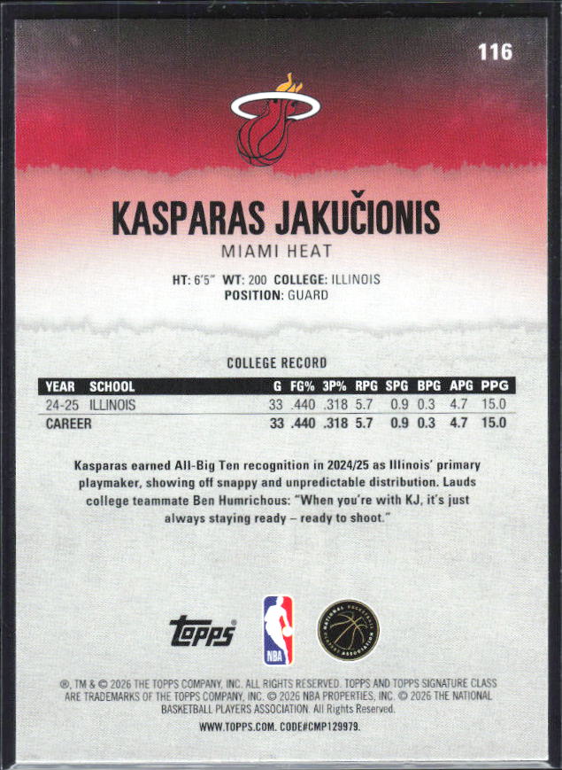 2025-26 Topps Signature Class #116 Kasparas Jakučionis - baksida