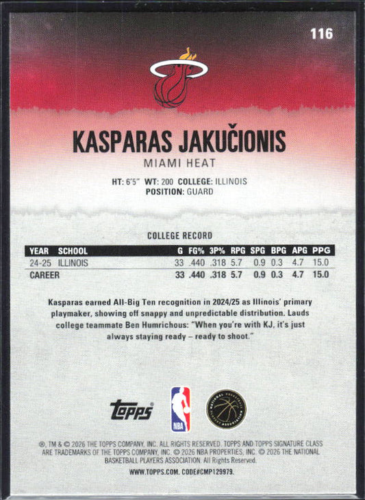 2025-26 Topps Signature Class #116 Kasparas Jakučionis - baksida