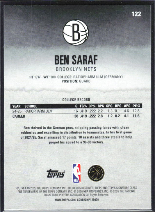 2025-26 Topps Signature Class #122 Ben Saraf - baksida