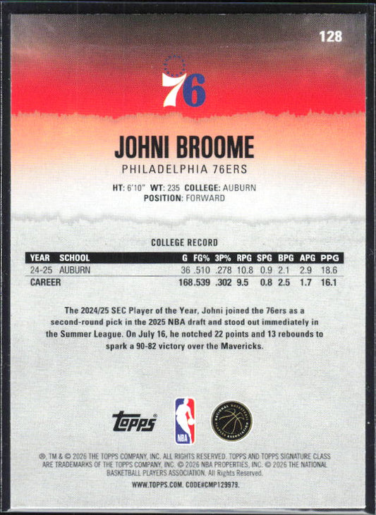 2025-26 Topps Signature Class #128 Johni Broome - baksida