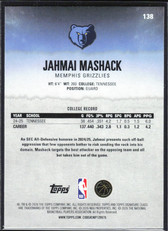2025-26 Topps Signature Class #138 Jahmai Mashack - baksida