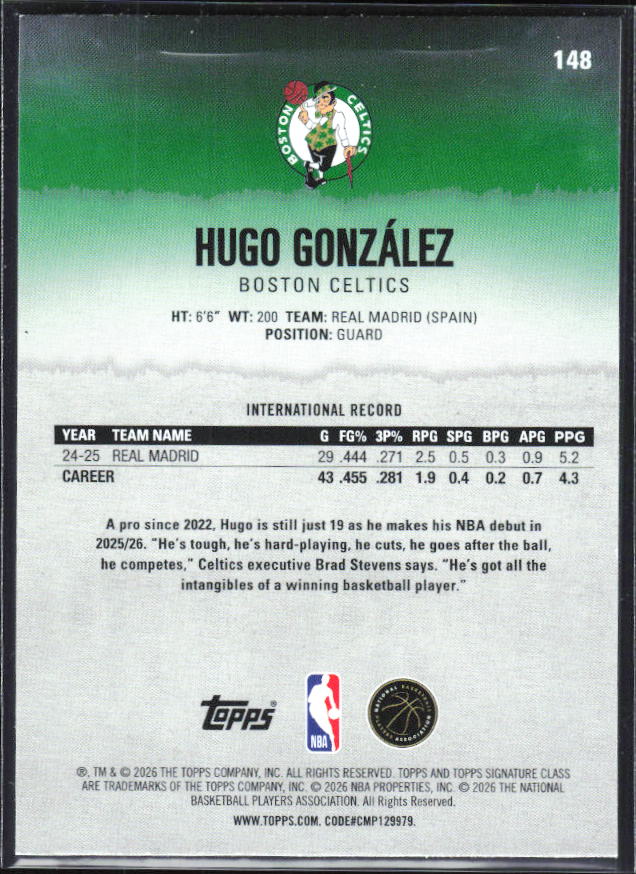 2025-26 Topps Signature Class #148 Hugo González - baksida