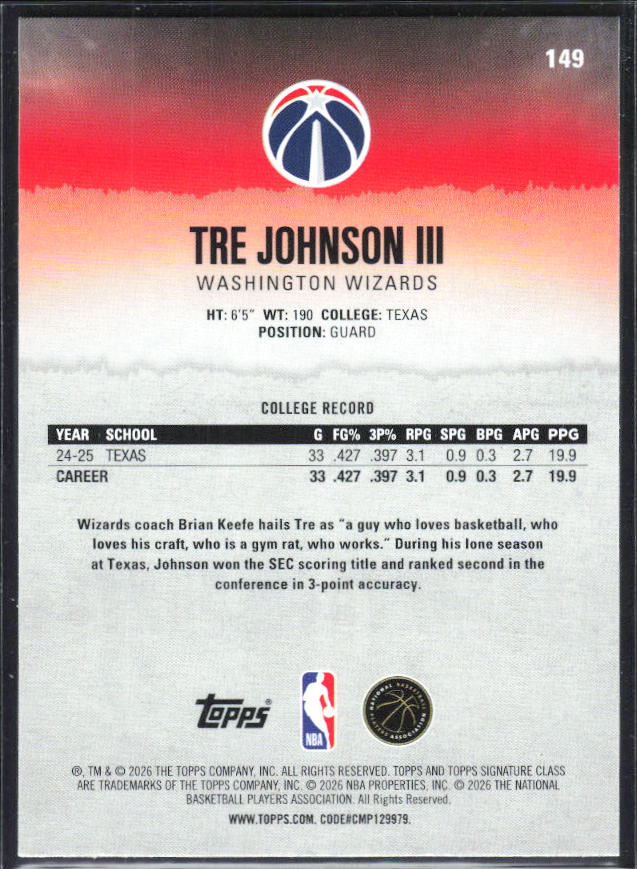 2025-26 Topps Signature Class #149 Tre Johnson III - baksida