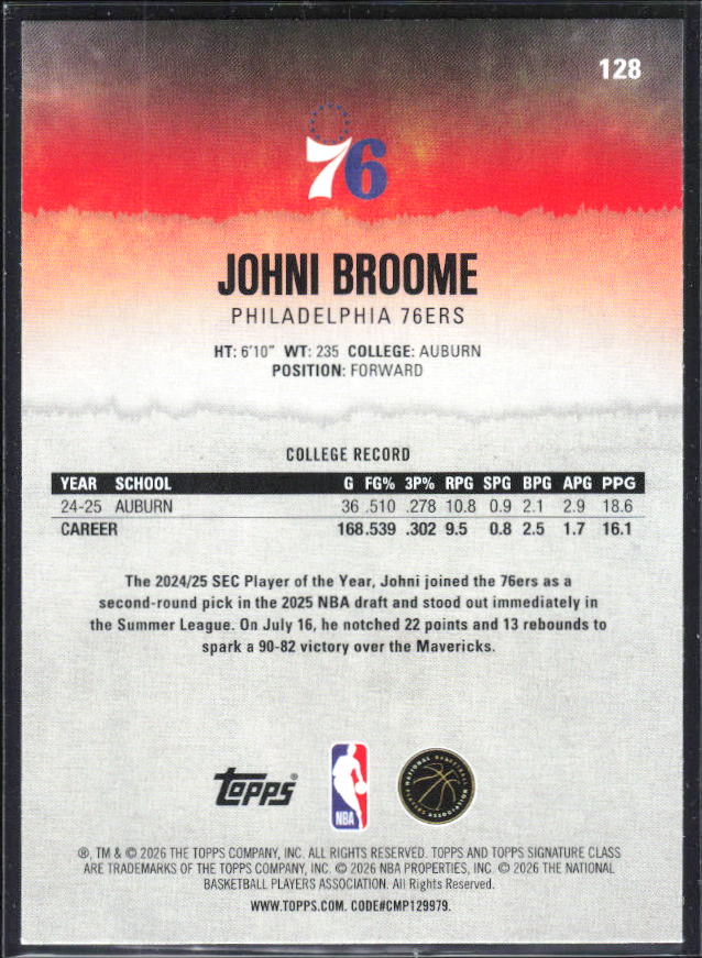 2025-26 Topps Signature Class #128 Johni Broome - baksida