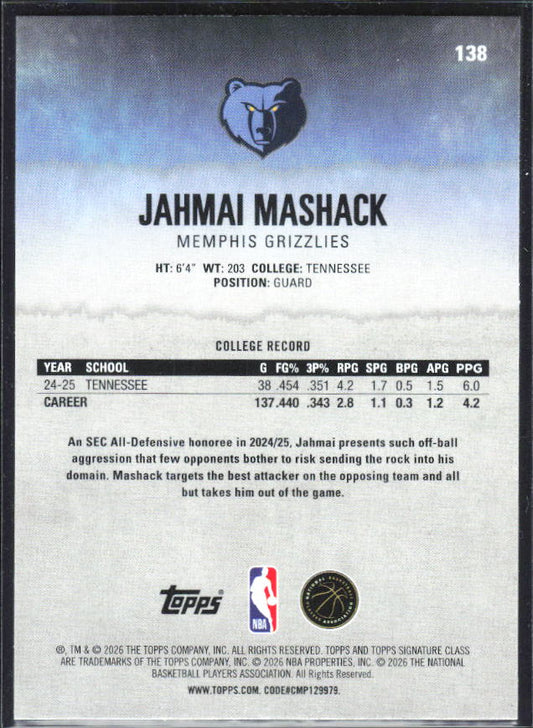 2025-26 Topps Signature Class #138 Jahmai Mashack - baksida