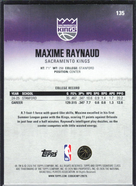 2025-26 Topps Signature Class #135 Maxime Raynaud - baksida