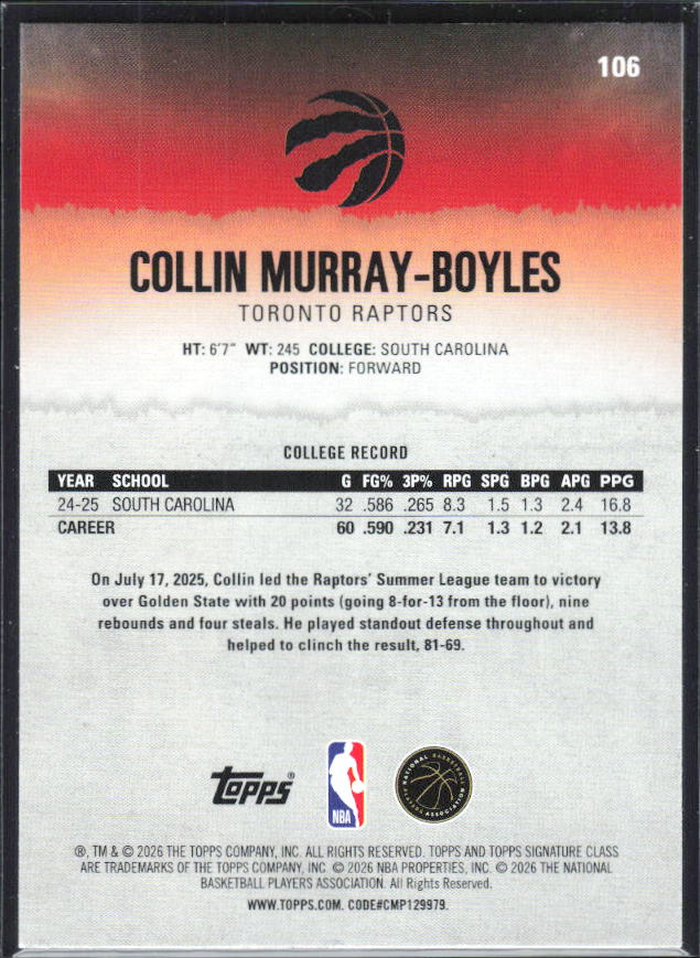 2025-26 Topps Signature Class #106 Collin Murray-Boyles - baksida