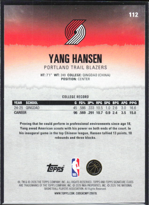 2025-26 Topps Signature Class #112 Yang Hansen - baksida