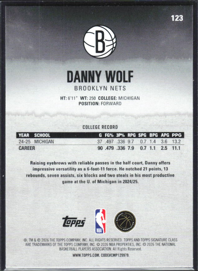 2025-26 Topps Signature Class #123 Danny Wolf - baksida