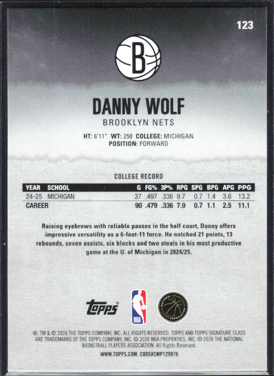 2025-26 Topps Signature Class #123 Danny Wolf - baksida