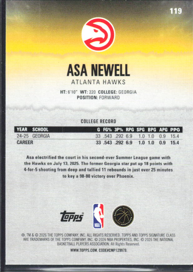 2025-26 Topps Signature Class #119 Asa Newell - baksida