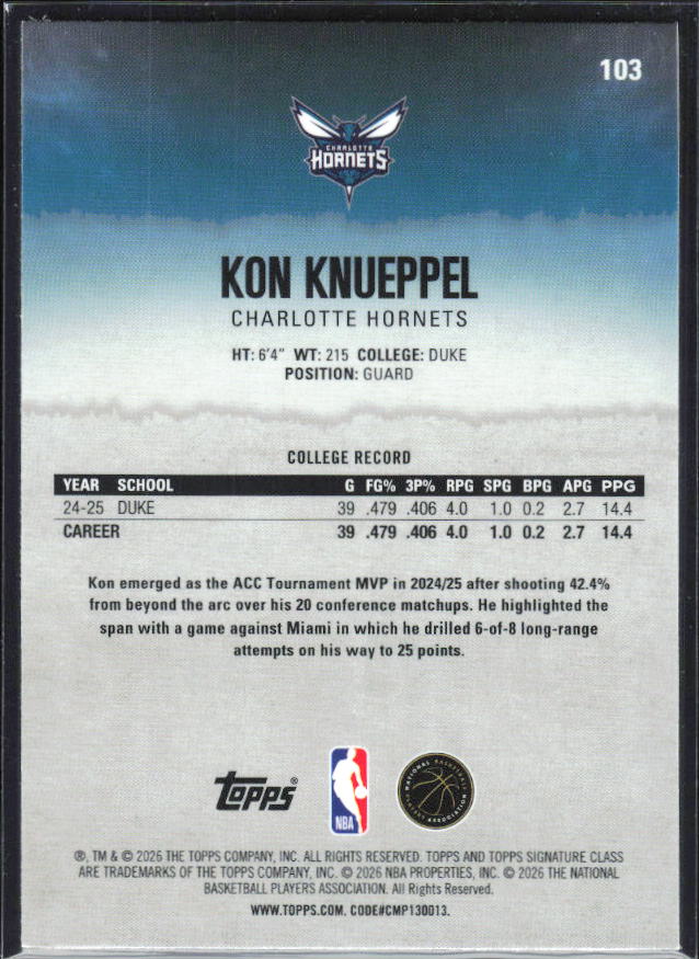 2025-26 Topps Signature Class #103 Kon Knueppel Chrome - baksida