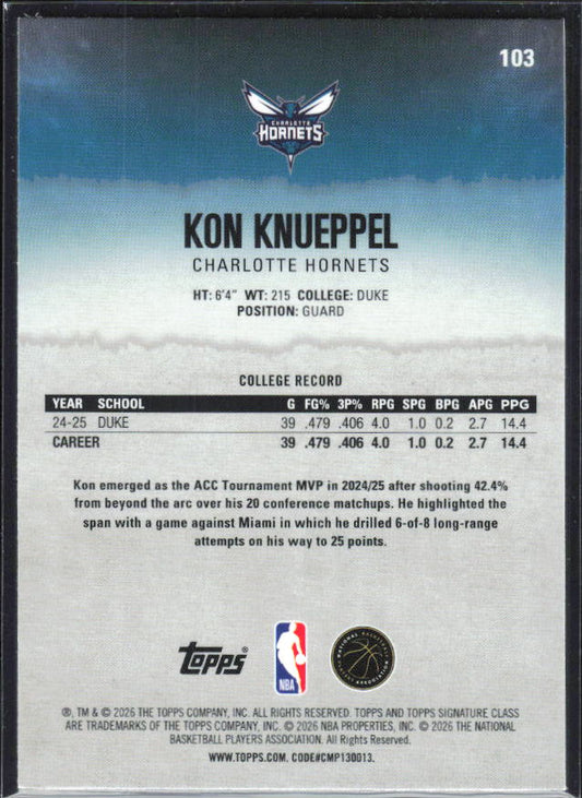 2025-26 Topps Signature Class #103 Kon Knueppel Chrome - baksida