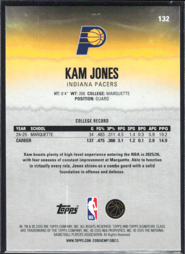 2025-26 Topps Signature Class #132 Kam Jones Chrome - baksida