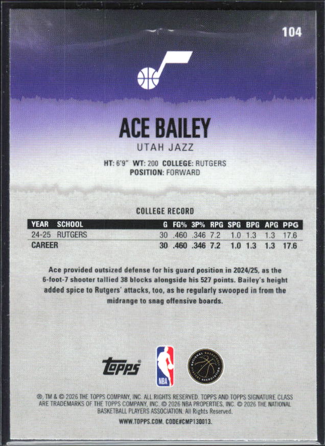 2025-26 Topps Signature Class #104 Ace Bailey Chrome - baksida