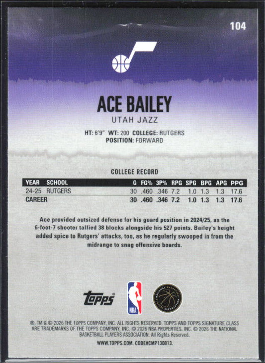 2025-26 Topps Signature Class #104 Ace Bailey Chrome - baksida