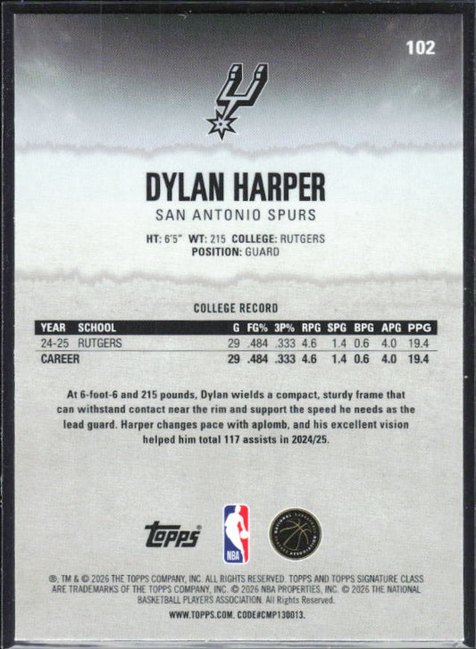 2025-26 Topps Signature Class #102 Dylan Harper Chrome - baksida