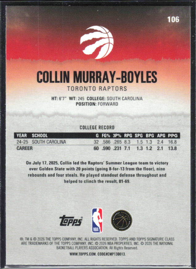 2025-26 Topps Signature Class #106 Collin Murray-Boyles Chrome - baksida