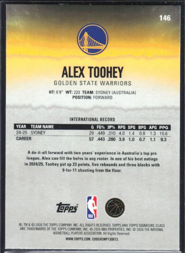 2025-26 Topps Signature Class #146 Alex Toohey Chrome - baksida
