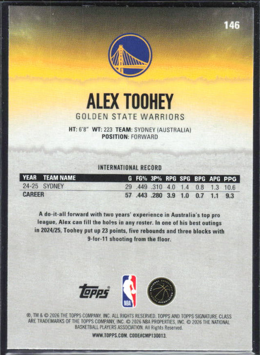 2025-26 Topps Signature Class #146 Alex Toohey Chrome - baksida