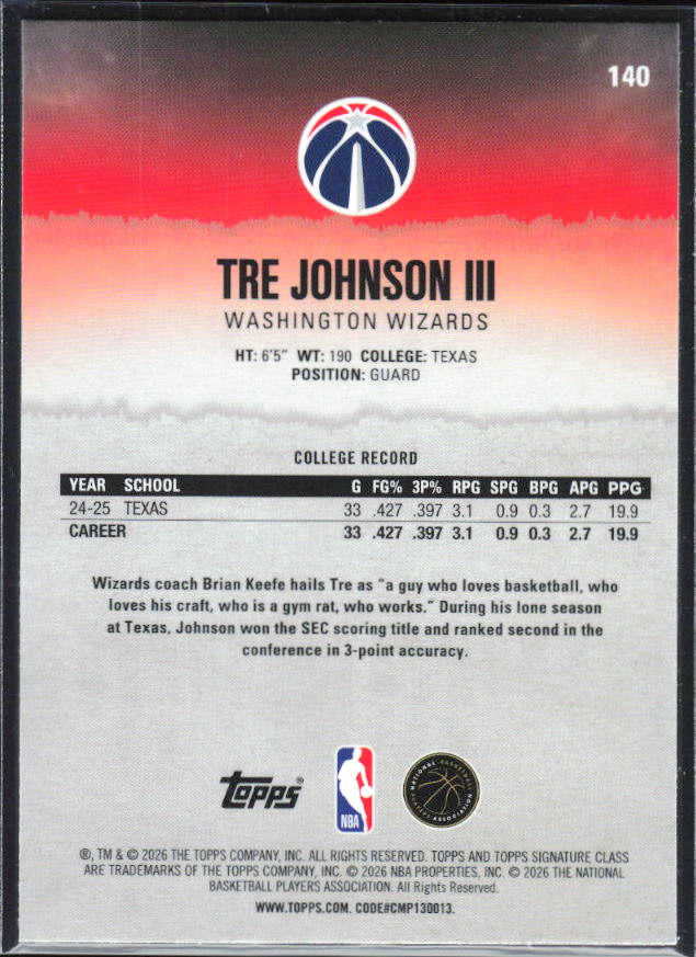 2025-26 Topps Signature Class #140 Tre Johnson III Chrome - baksida