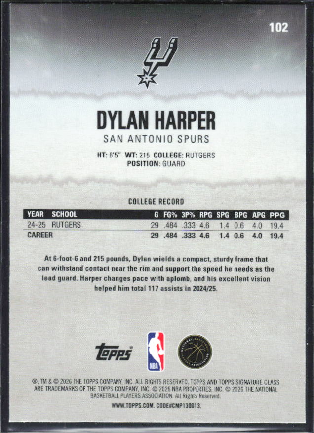 2025-26 Topps Signature Class #102 Dylan Harper Chrome - baksida