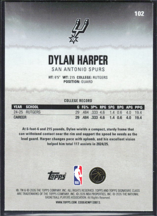 2025-26 Topps Signature Class #102 Dylan Harper Chrome - baksida