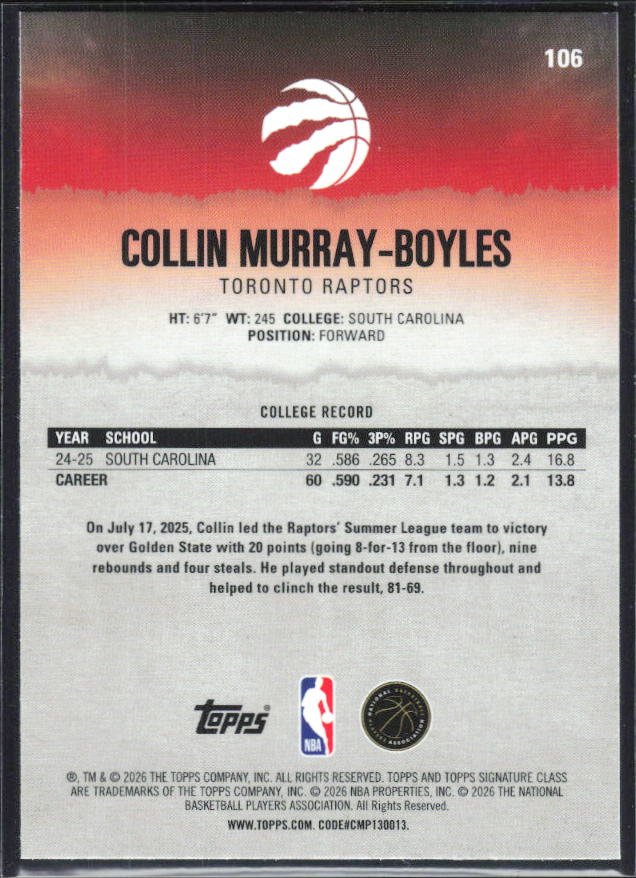 2025-26 Topps Signature Class #106 Collin Murray-Boyles Chrome - baksida
