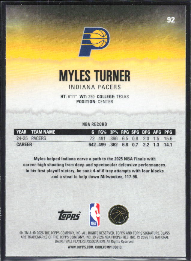 2025-26 Topps Signature Class #92 Myles Turner Chrome - baksida