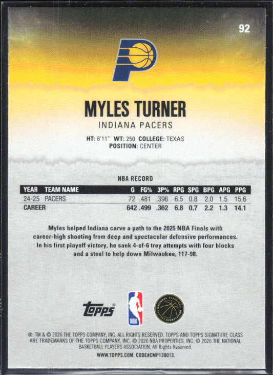 2025-26 Topps Signature Class #92 Myles Turner Chrome - baksida