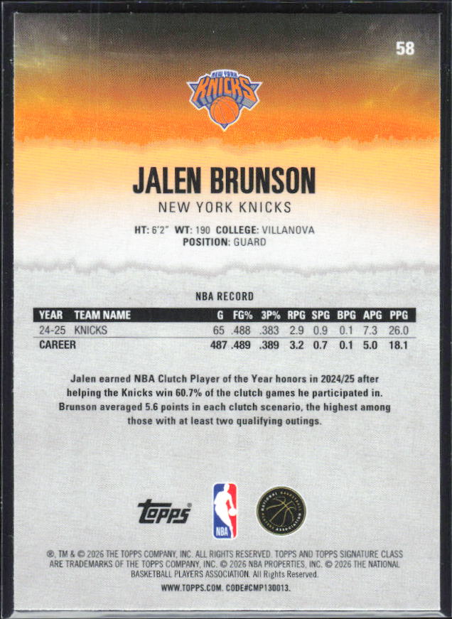 2025-26 Topps Signature Class #58 Jalen Brunson Chrome - baksida