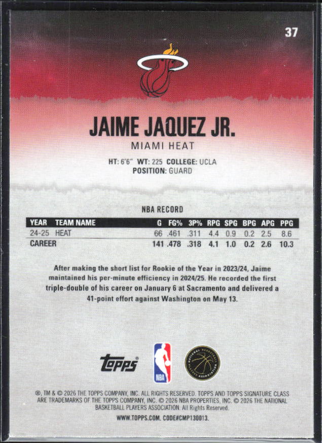 2025-26 Topps Signature Class #37 Jaime Jaquez Jr. Chrome - baksida