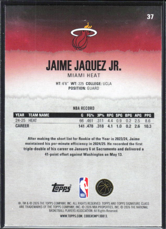 2025-26 Topps Signature Class #37 Jaime Jaquez Jr. Chrome - baksida