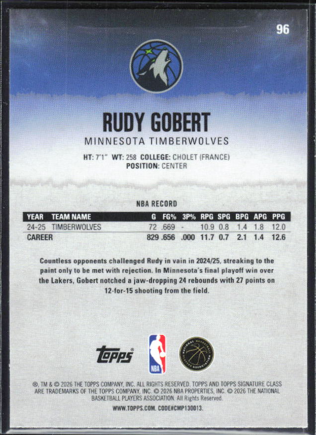 2025-26 Topps Signature Class #96 Rudy Gobert Chrome - baksida