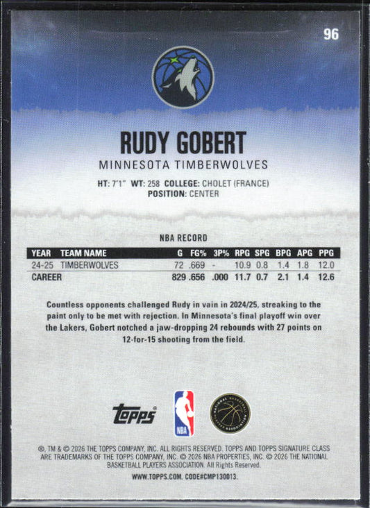 2025-26 Topps Signature Class #96 Rudy Gobert Chrome - baksida
