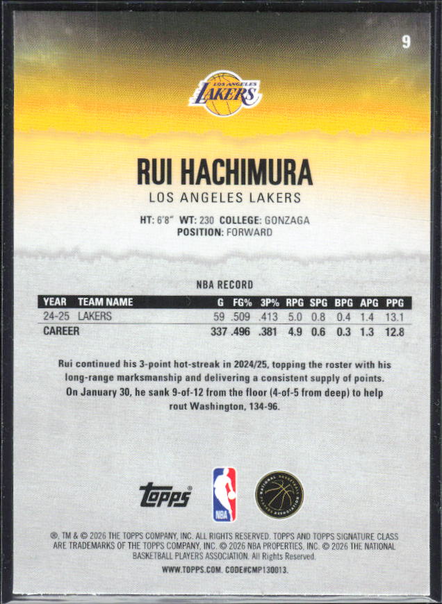 2025-26 Topps Signature Class #9 Rui Hachimura Chrome - baksida