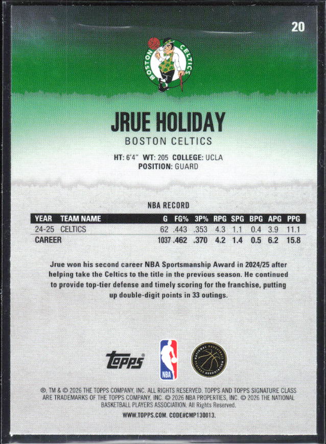 2025-26 Topps Signature Class #20 Jrue Holiday Chrome - baksida