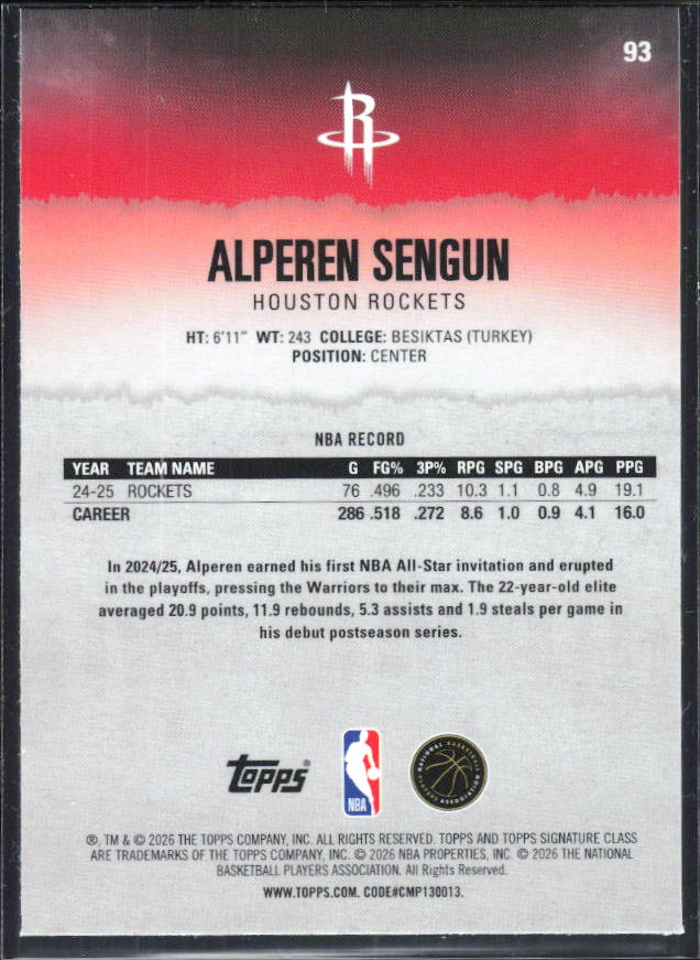 2025-26 Topps Signature Class #93 Alperen Sengun Chrome - baksida