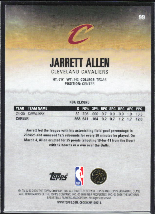 2025-26 Topps Signature Class #99 Jarrett Allen Chrome - baksida