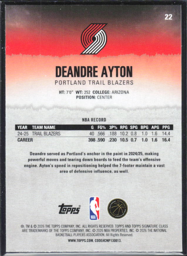 2025-26 Topps Signature Class #22 Deandre Ayton Chrome - baksida