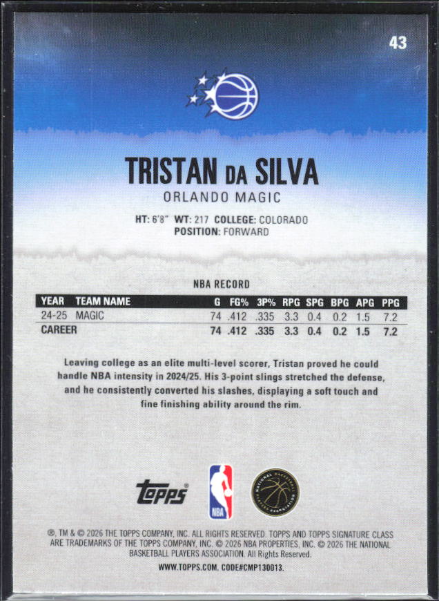 2025-26 Topps Signature Class #43 Tristan da Silva Chrome - baksida