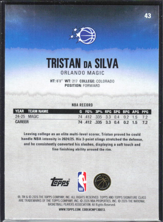 2025-26 Topps Signature Class #43 Tristan da Silva Chrome - baksida