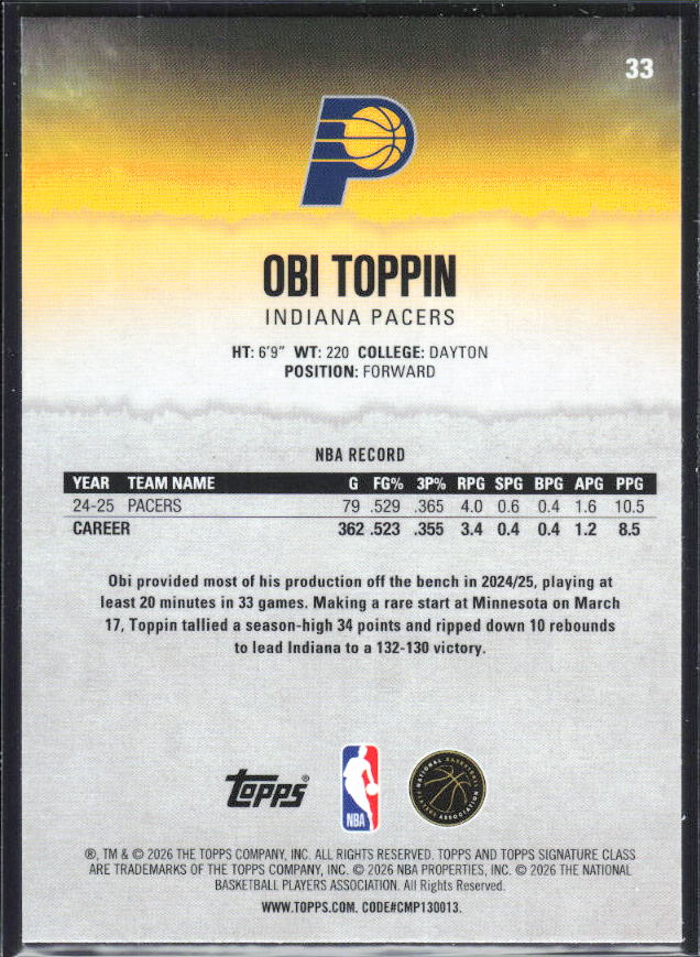 2025-26 Topps Signature Class #33 Obi Toppin Chrome - baksida